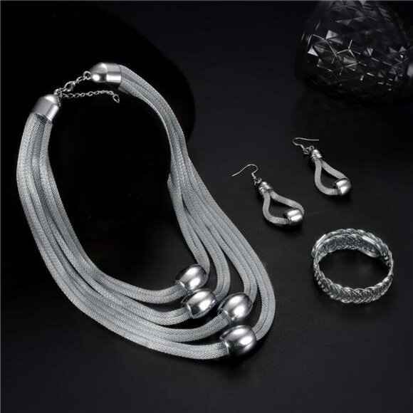 3Pcs Multi-Layer Bib Necklace African Jewelry Set for Women Choker Necklace - Picture 3 of 8